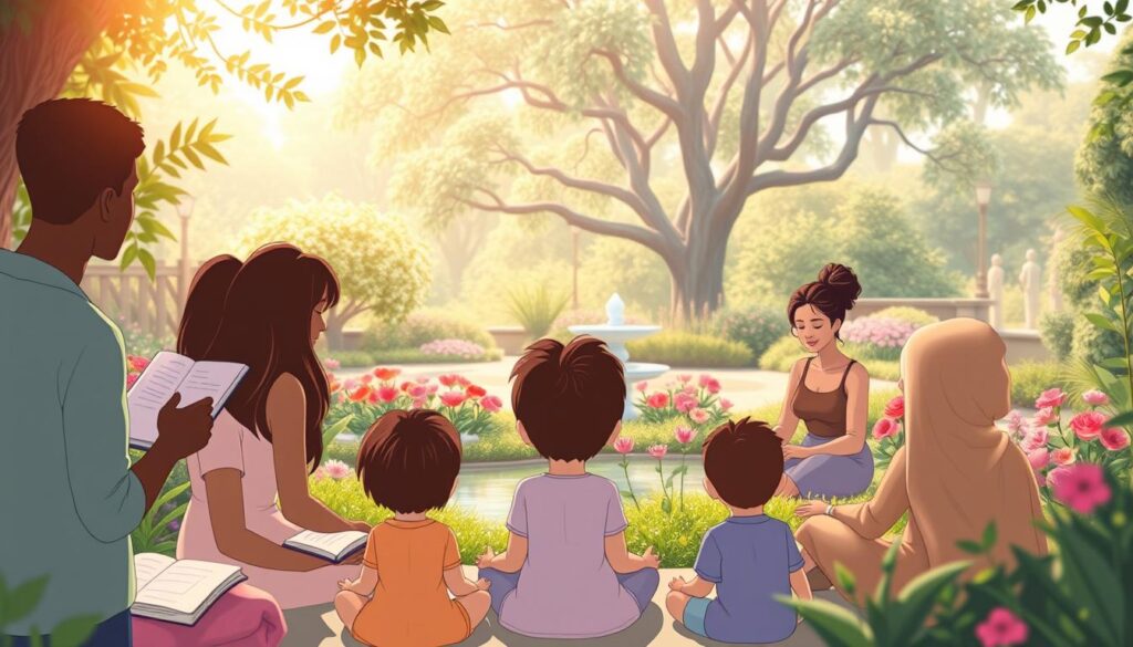 People journaling and resting in a calm garden setting during a guided wellbeing session